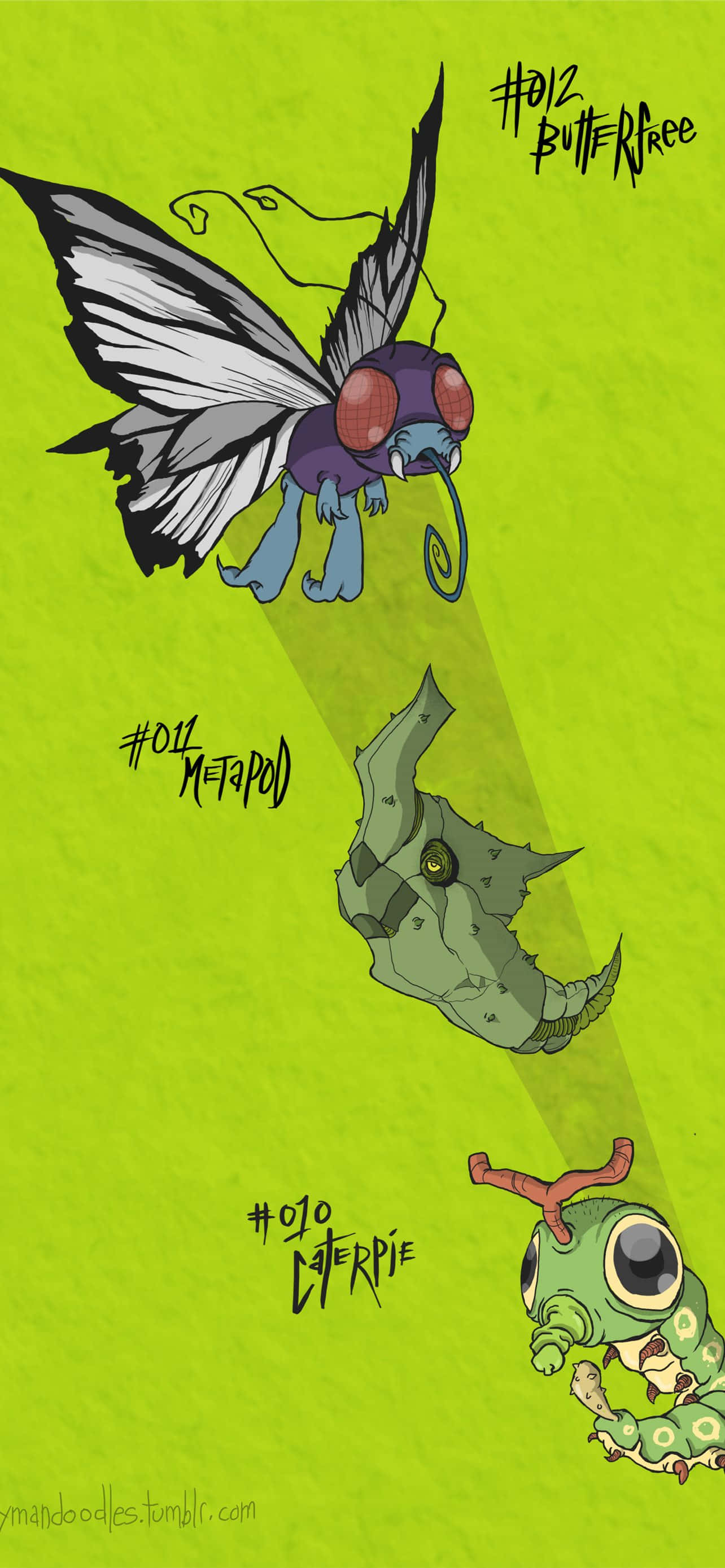 Caterpie, Metapod และ Butterfree สุนทรียภาพสีเขียวสำหรับโทรศัพท์ วอลเปเปอร์