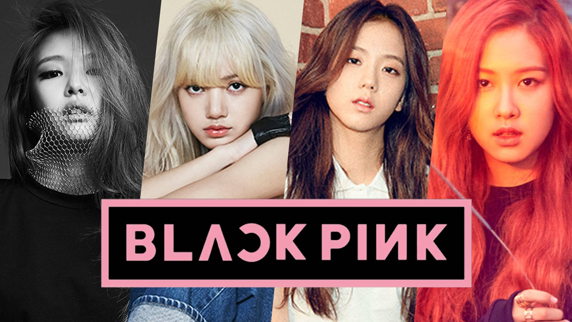 สมาชิก Blackpink ในแบนเนอร์รวมโลโก้ของวงวอลเปเปอร์ — Blackpink วอลเปเปอร์