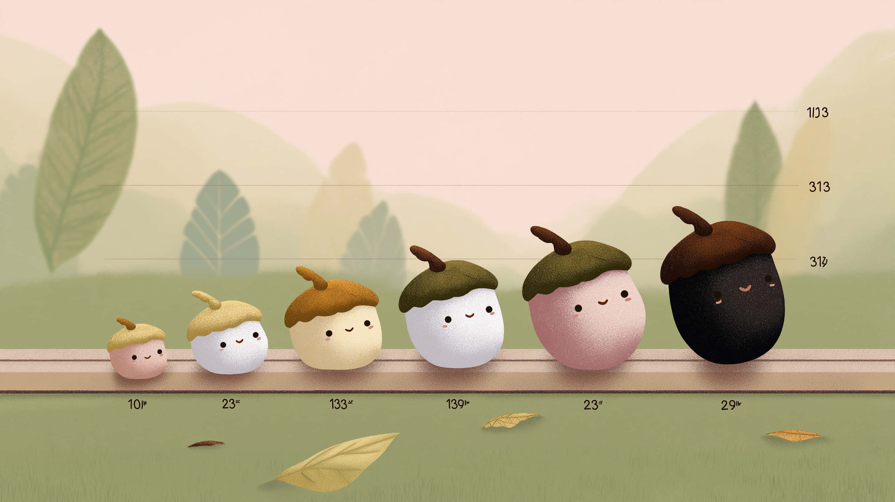 แผนภูมิการเติบโตของลูกโอ๊กน่ารักบนพื้นหลังธรรมชาติ วอลเปเปอร์