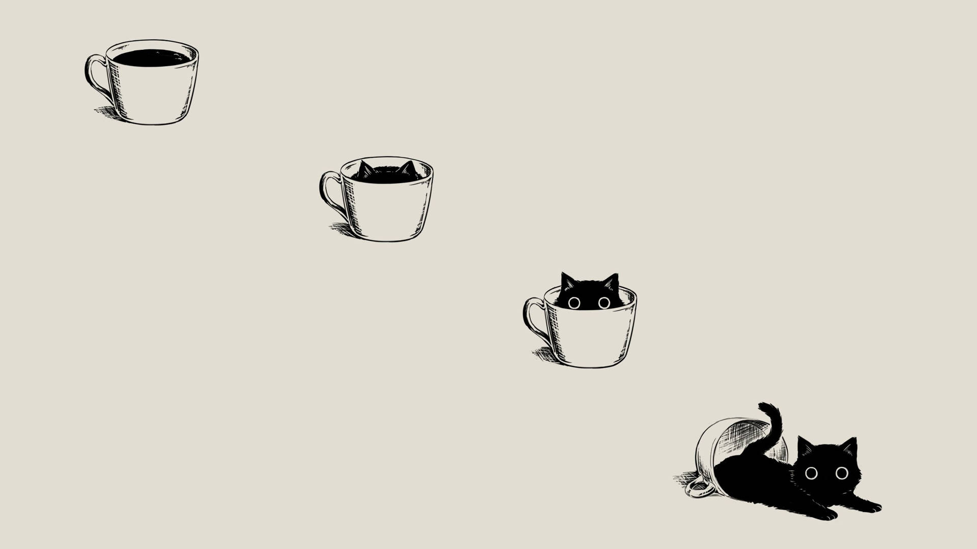 แมวการ์ตูนนั่งครุ่นคิดบนแก้วกาแฟ วอลเปเปอร์