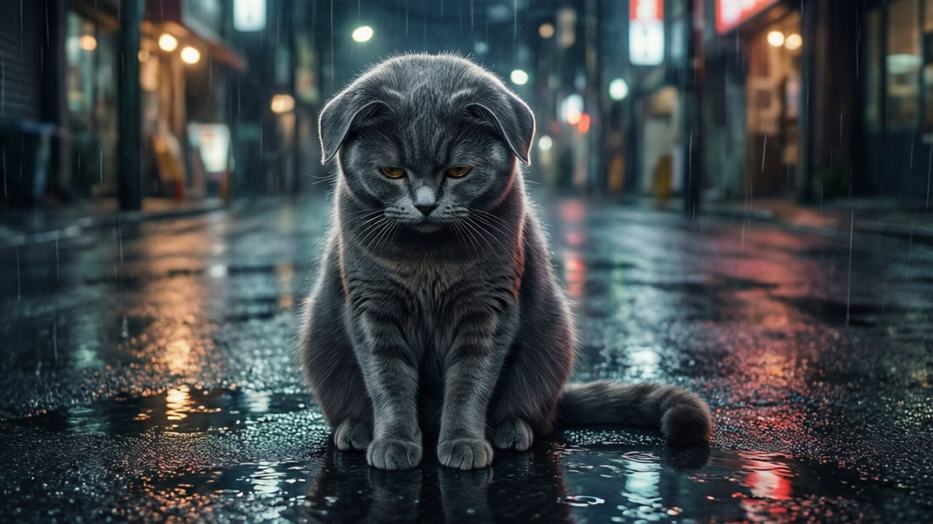 แมวบนถนนฝนตก วอลเปเปอร์