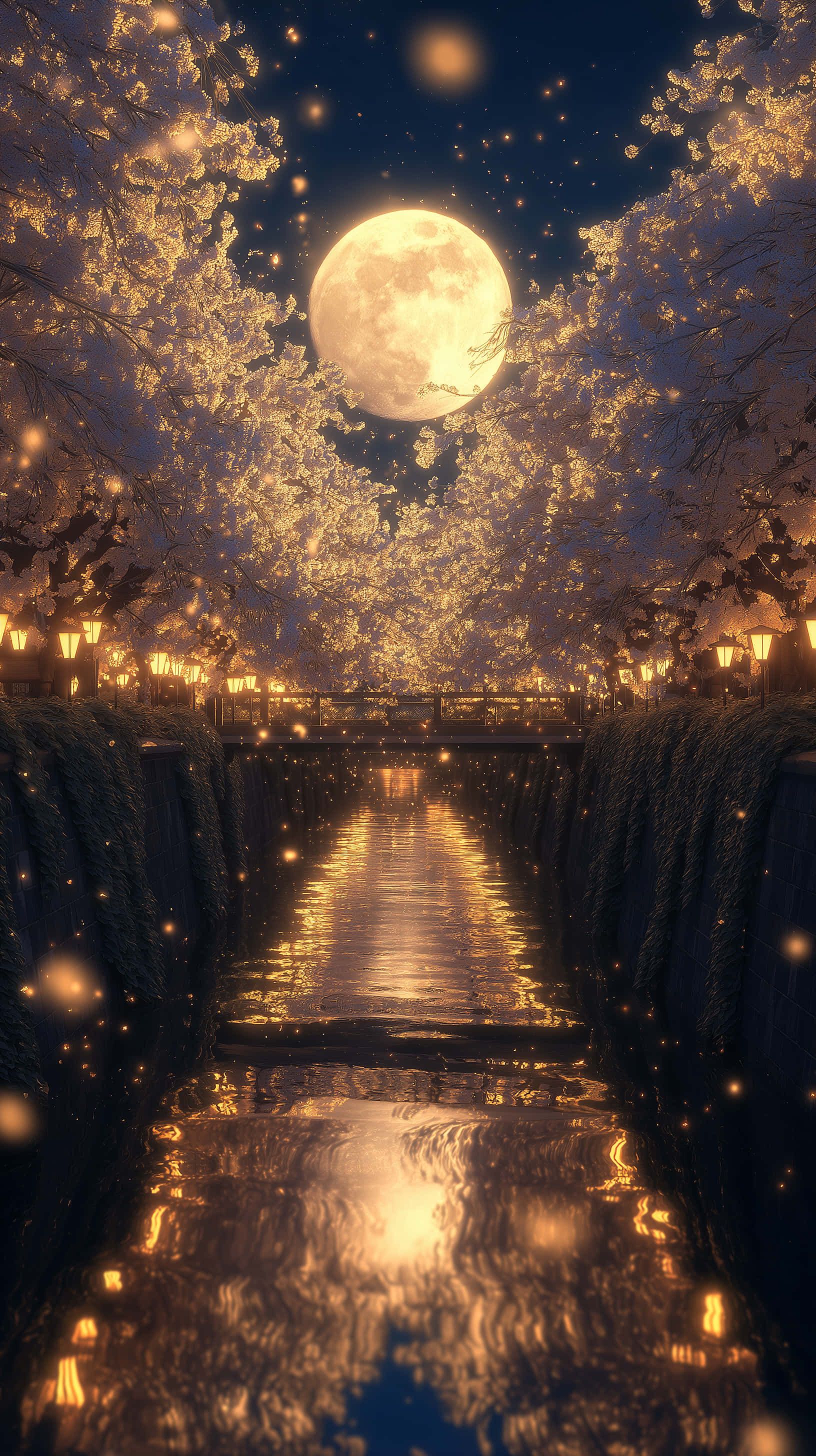 แม่น้ำยามจันทร์สวยงามกับดอกซากุระเรืองแสง วอลเปเปอร์