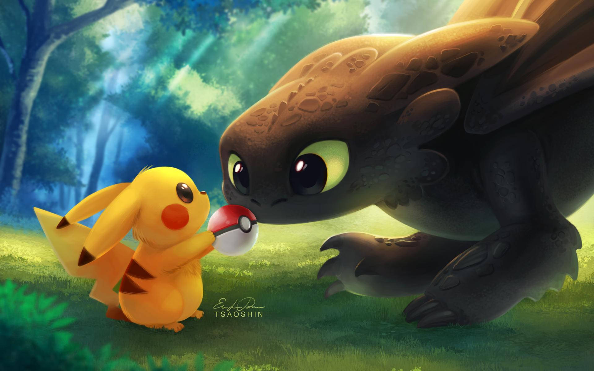 ภาพ crossover ของทูธเลสและปิกาจูจากโปเกมอน — พิคาชู วอลเปเปอร์