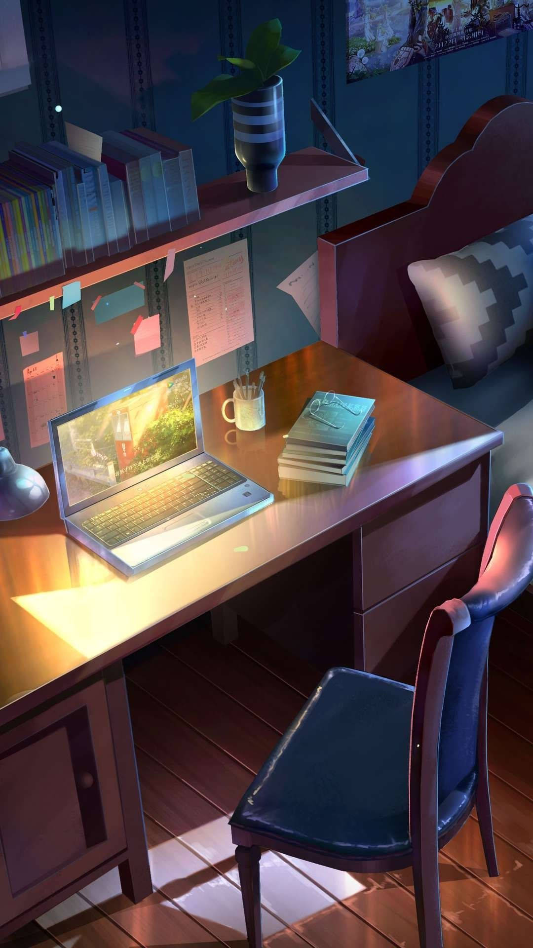 โต๊ะอ่านหนังสือในห้องอนิเมะ วอลเปเปอร์