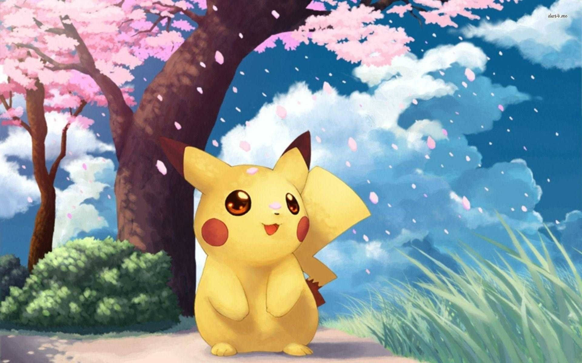 โปเกมอนพิคาชูสุดเท่กับดอกซากุระ วอลเปเปอร์