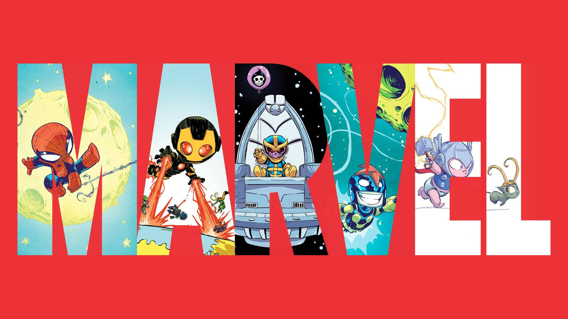 โลโก้ Marvel พร้อมศิลปะน่ารักของซูเปอร์ฮีโร่ วอลเปเปอร์