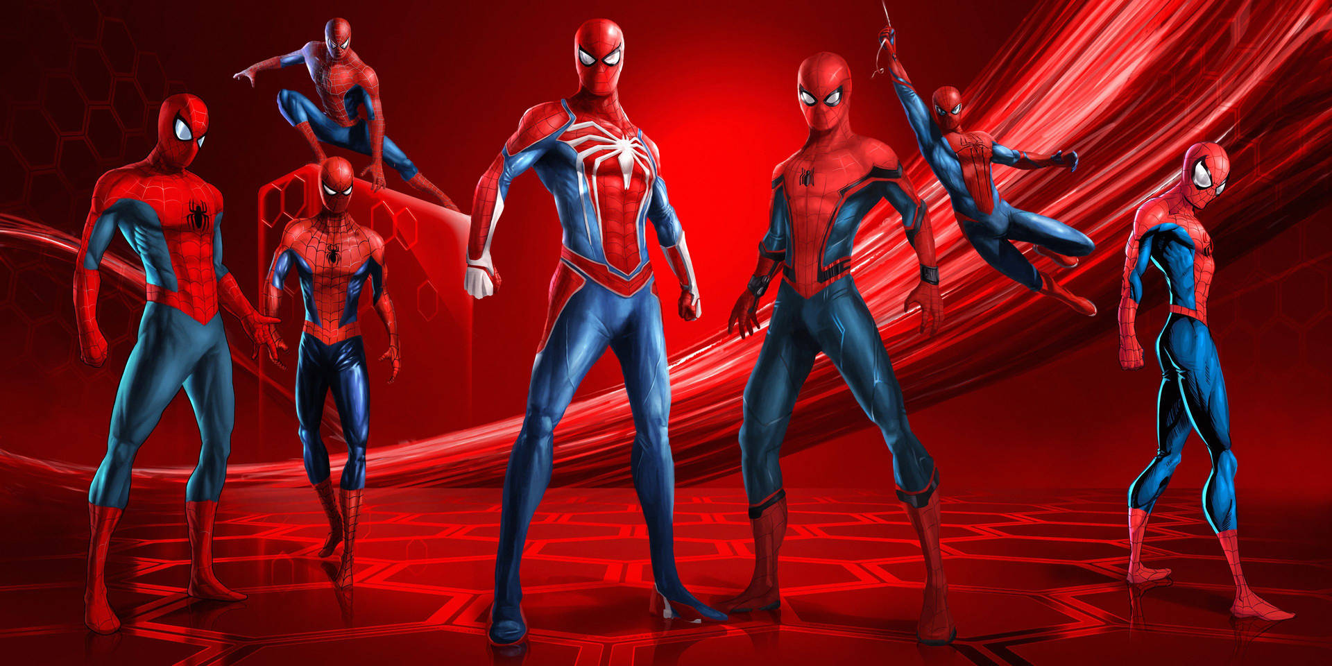 สไปเดอร์แมนหลายตัวยืนและห้อยอยู่บนพื้นหลังสีแดง ซูเปอร์ฮีโร่ Marvel — สไปเดอร์แมน วอลเปเปอร์