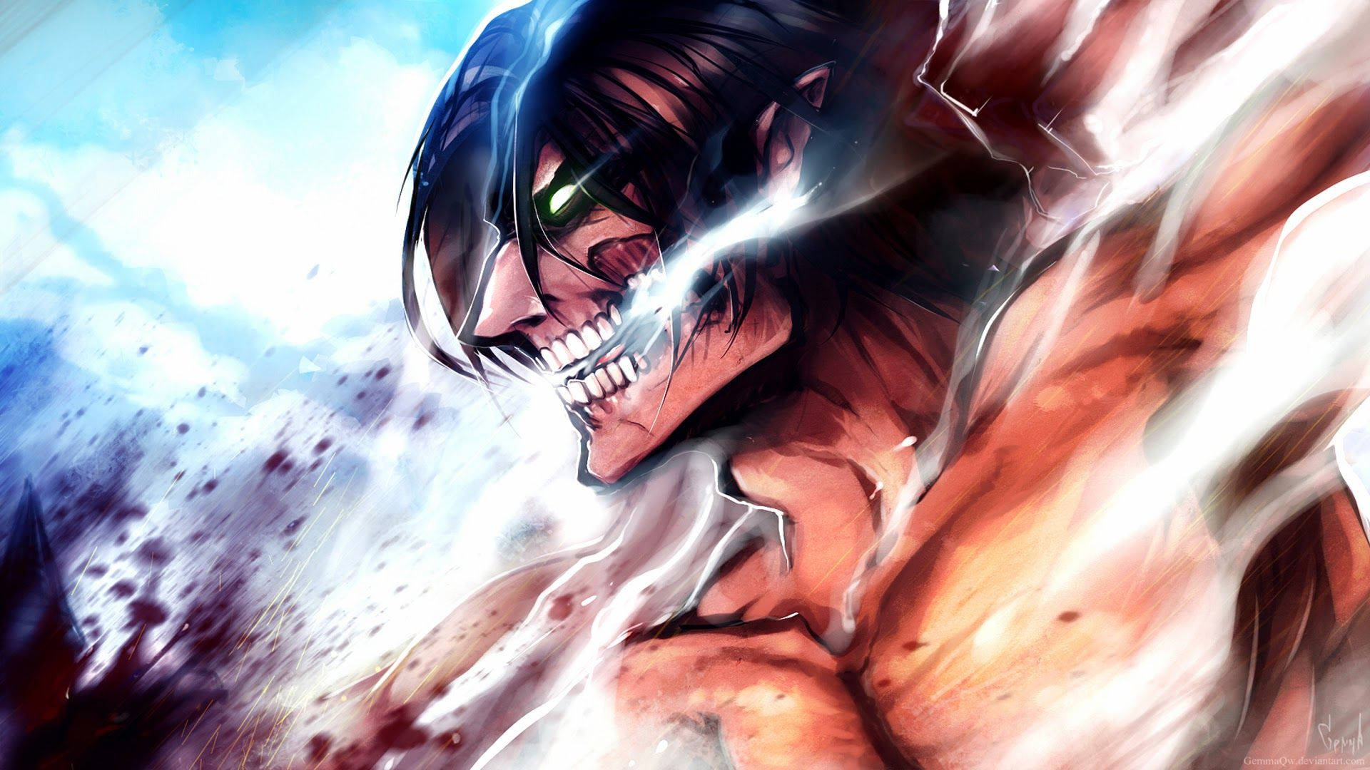 เอเรนในร่างไททันจู่โจมที่พ่นไอน้ำ ในวอลเปเปอร์ Attack On Titan — Attack On Titan วอลเปเปอร์