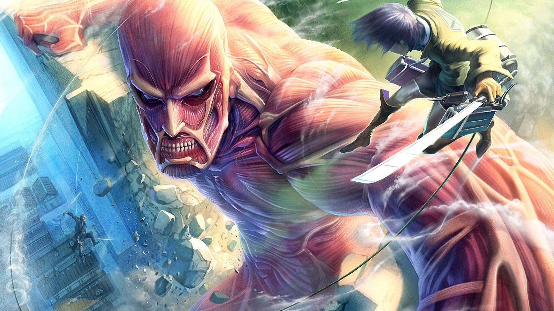 ไททันมหึมาโกรธจัดต่อสู้กับเอเรนที่กำแพงมาเรียในวอลเปเปอร์แฟนอาร์ต Attack On Titan — Attack On Titan วอลเปเปอร์