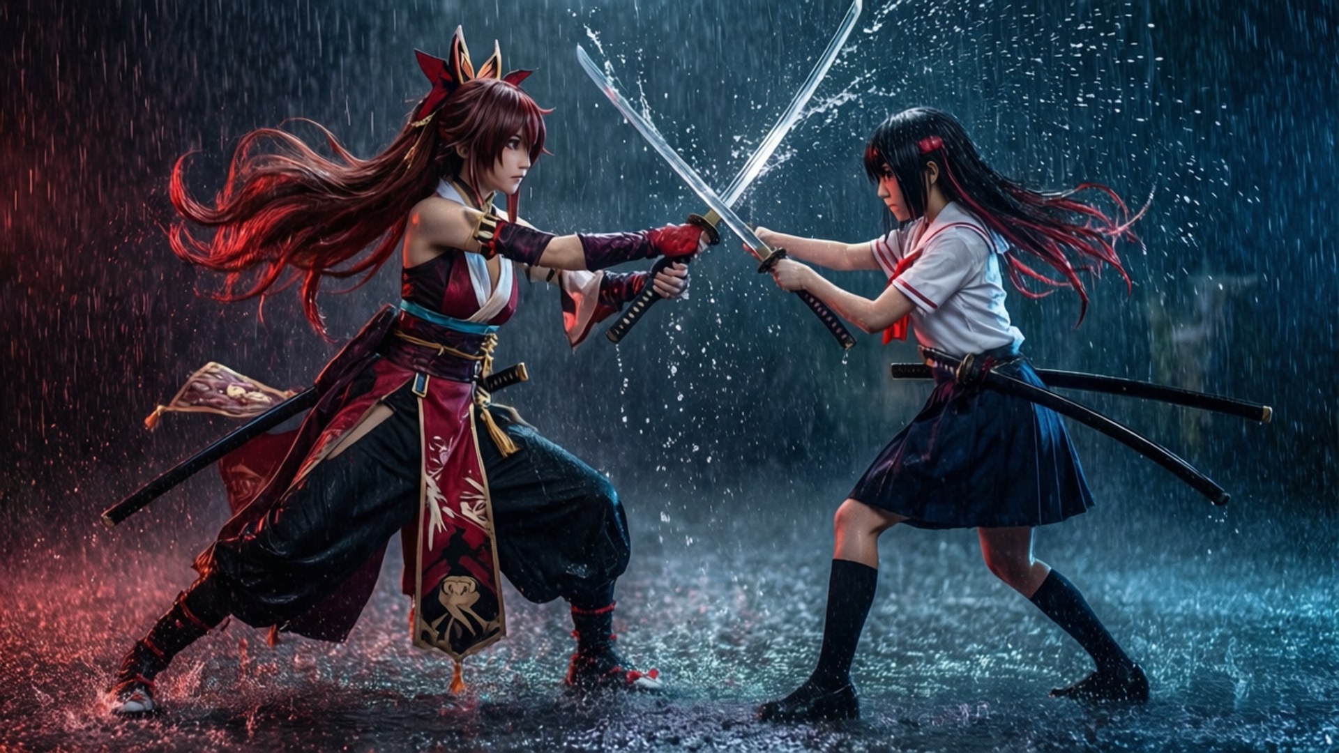 雨中决斗的龙子与皐月 วอลเปเปอร์