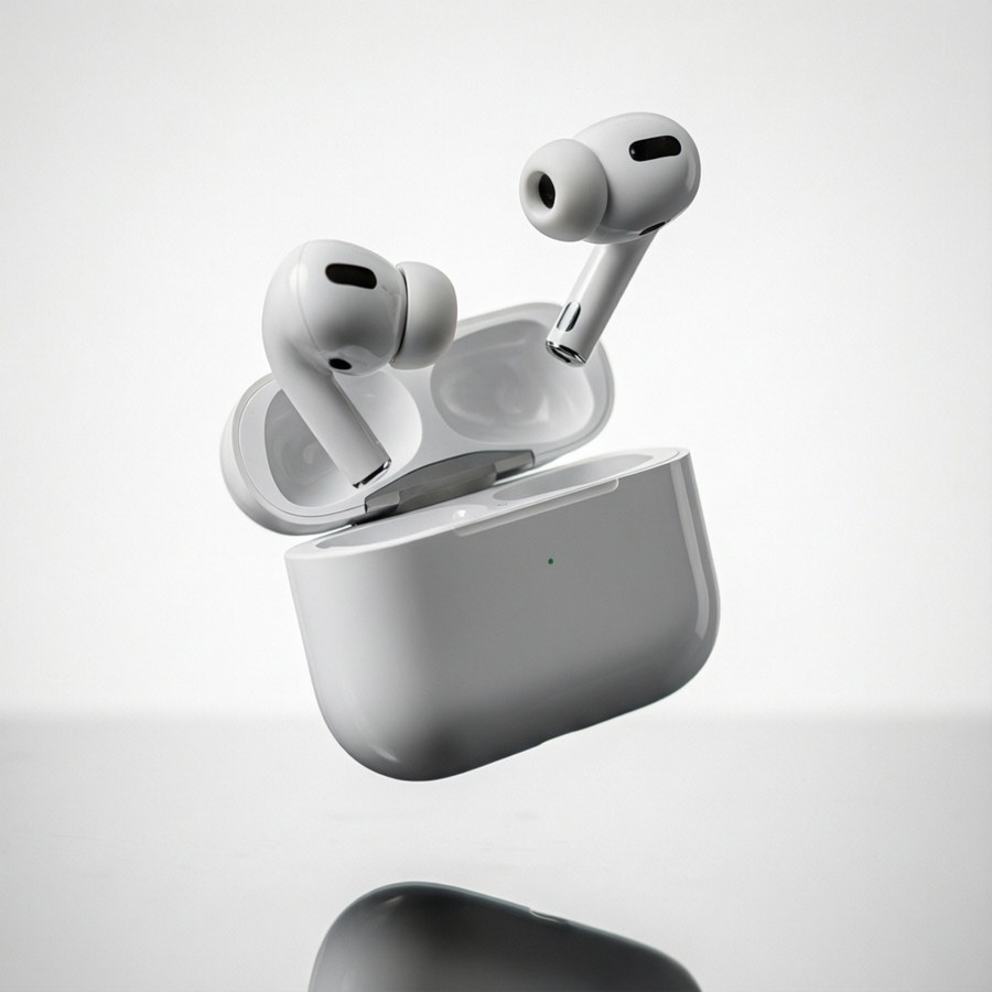 AirPods ลอยอยู่ในอากาศ ถ่ายภาพสินค้า