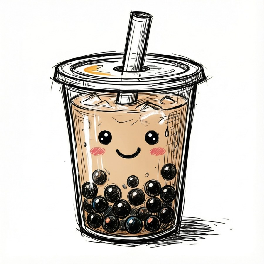 ภาพวาดลายเส้นของชาฟองน้ำกับไข่มุกยิ้ม