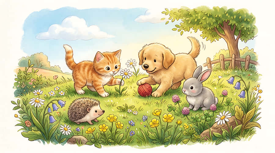 ลูกสุนัข,ลูกแมว,กระต่าย,เม่น,สัตว์,ทุ่งหญ้า,ดอกไม้,ฤดูใบไม้ผลิ,ฤดูร้อน,ธรรมชาติ,กลางแจ้ง,สีน้ำ,ภาพประกอบ,น่ารัก,คาวาอี้,เด็ก,ห้องเด็ก,เทพนิยาย,หนังสือภาพ,หวาน