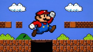 พิกเซลอาร์ตมาริโอ้กระโดดข้ามหลุมในด่าน Super Mario 8-bit คลาสสิก ย้อนยุคและคิดถึง — มาริโอ วอลเปเปอร์
