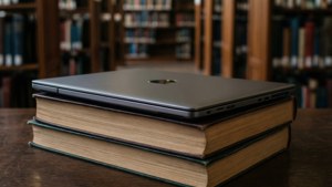 Chromebook วางบนหนังสือในห้องสมุด เหมาะสำหรับธีมการเรียน