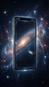 วอลเปเปอร์คอสมิกที่มี iPhone X ลอยท่ามกลางดวงดาว