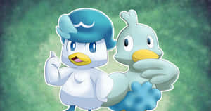 Quaxly และ Ducklett บนพื้นหลังสีเขียว — อนิเมะเดสก์ท็อป วอลเปเปอร์