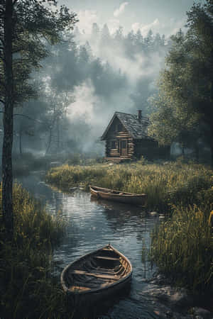 กระท่อม,แม่น้ำ,เรือแคนู,หญ้า,กก,หมอก,เช้า,ทุ่ง,สlyleชนบท,สงบ,ธรรมชาติ,อบอุ่น,4K — iPhone 4 วอลเปเปอร์