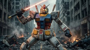 RX-78-2 กุนดัมในท่าประลองอันน่าทึ่งท่ามกลางเมืองที่ถูกทำลาย