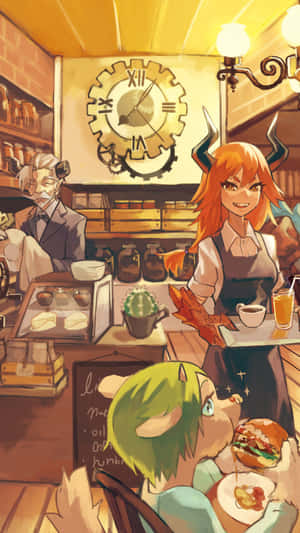 พื้นหลังร้านกาแฟแนวอนิเมะ — สาวอนิเมะน่ารัก วอลเปเปอร์