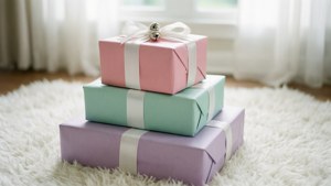 ของขวัญสีพาสเทลพร้อมกระดิ่งบนพรมสีขาว แสงสว่างราวกับความฝัน — ของขวัญคริสต์มาส วอลเปเปอร์