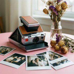 ภาพนิ่งโทนสีพาสเทลอ่อนๆ พร้อมกล้องโพลารอยด์วินเทจและรูปถ่าย