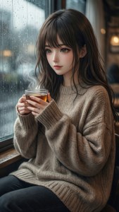 สาวน้อยอนิเมะน่ารักกับชาร้อนข้างหน้าต่างที่ฝนตก