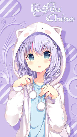 คาวาอีอนิเมะคาฟูชิโน่ในฮู้ดกระต่าย — น่ารักอนิเมะ วอลเปเปอร์