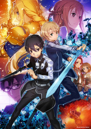 วอลเปเปอร์นักแสดง SAO Alicization ในเฉดสีเหลือง น้ำเงิน และม่วง — วันพลัส แพด 2 โปร วอลเปเปอร์