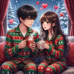 คู่อนิเมะในชุดนอนคริสต์มาสกำลังมองหิมะ