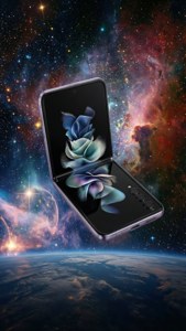 Z Flip 5 ลอยอยู่ในอวกาศภายนอก พร้อมเนบิวลาสีสันสดใสและฉากหลังที่เต็มไปด้วยดวงดาว