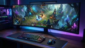 โต๊ะเกมมิ่งสวยงามสมจริงพร้อมไฟ RGB และจอโค้ง — เกมมิ่ง GIF วอลเปเปอร์