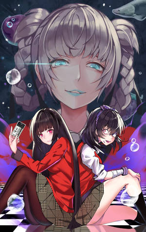 วอลเปเปอร์ Kakegurui ของยูเมโกะถือไพ่นั่งบนพื้นหลังพิงกับมิดาริที่ใส่ผ้าปิดตา — Redmi Pad 2 9.7 วอลเปเปอร์