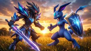 การประจันหน้าอันยิ่งใหญ่ระหว่าง Zacian และ Zamazenta ท่ามกลางทุ่งหญ้าตอนพระอาทิตย์ตก