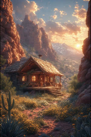 ทะเลทราย,กระท่อม,โอเอซิส,ดอกไม้ป่า,กระบองเพชร,ไม้อวบน้ำ,หินแดง,ภูเขา,แสงแดด,อบอุ่น,ธรรมชาติ,สบาย,4K — iPhone 4 วอลเปเปอร์