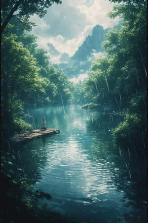 อนิเมะ,ทะเลสาบ,ฝน,ป่า,เขียว,หมอก,ภูเขา,ท่าเรือ,สงบ,เศร้า,ธรรมชาติ,ทิวทัศน์,4K — iPhone 4 วอลเปเปอร์