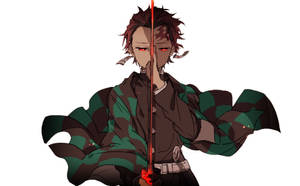 วอลเปเปอร์ Demon Slayer คามาโดะ ทันจิโร่ ตาแดง ใส่ต่างหูฮานาฟุดะ และเสื้อคลุมลายตารางสีเขียวดำ ถือดาบสีแดงเข้มและดำ