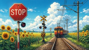 ทางข้ามรถไฟสไตล์อนิเมะที่รายล้อมไปด้วยทุ่งดอกทานตะวัน