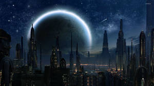 วอลเปเปอร์ Star Wars ของตึกสูงและดวงจันทร์ใหญ่คอรัสซังในเมืองสมัยใหม่