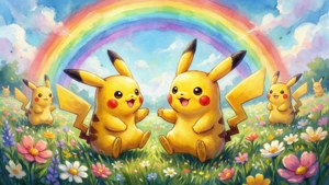 ภาพวาดสีน้ำน่ารักของพิคาชูกำลังเล่นอยู่ในทุ่งดอกไม้พร้อมกับสายรุ้ง — นินเทนโด วอลเปเปอร์