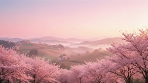 ทิวทัศน์สไตล์สวยงามสีชมพูอ่อนพร้อมดอกซากุระและเนินเขาที่ปกคลุมด้วยหมอก
