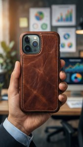 iPhone 11 Pro Max ในเคสหนังที่ถูกถือโดยมืออาชีพพร้อมพื้นหลังสำนักงาน