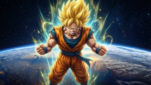 SSJ4 Goku ลอยในอวกาศโดยมีโลกอยู่เบื้องหลัง — 1366x768 วอลเปเปอร์