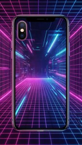 วอลเปเปอร์ไซเบอร์พังค์ที่มี iPhone X บนกริดนีออน