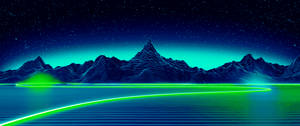 วอลเปเปอร์ศิลปะซินธ์เวฟของทิวทัศน์นีออนสีฟ้าและเขียว — 3440x1440 วอลเปเปอร์