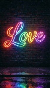 ป้ายนีออนสีรุ้งที่เขียนว่า Love บนกำแพงอิฐสีเข้มพร้อมแสงสะท้อน — รุ้งสายมินิมอล วอลเปเปอร์
