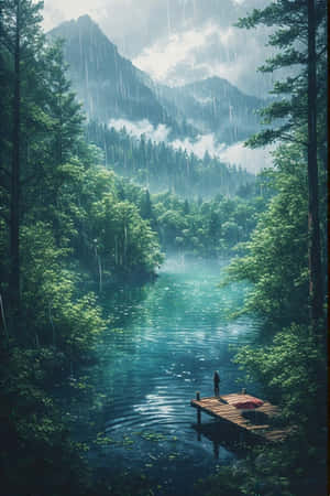 อะนิเมะ,ทะเลสาบ,ฝน,ป่า,สีเขียว,หมอก,ภูเขา,ท่าเรือ,สงบ,เศร้า,ธรรมชาติ,ทิวทัศน์,4K — iPhone 4 วอลเปเปอร์