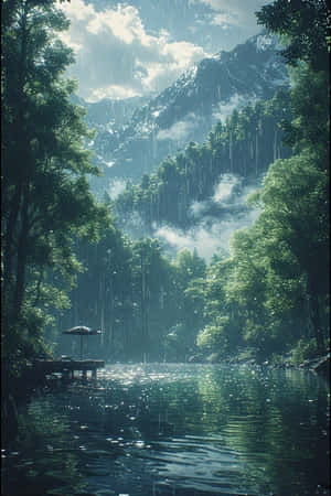 อะนิเมะ,ทะเลสาบ,ฝน,ป่า,สีเขียว,หมอก,ภูเขา,ท่าเรือ,สงบ,เศร้า,ธรรมชาติ,ทิวทัศน์,4K — iPhone 4 วอลเปเปอร์