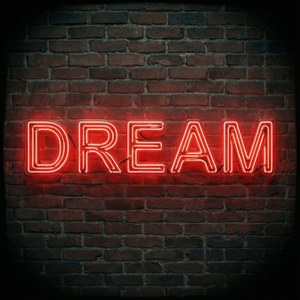 ป้ายนีออนสีแดงข้อความ DREAM สร้างแรงบันดาลใจบนกำแพงอิฐ