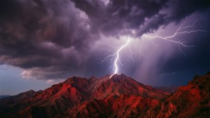 พายุฝนฟ้าคะนองรุนแรงกับฟ้าผ่าลงบนยอดเขาสีแดง